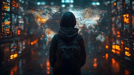 Mysterious hacker examining global communication and data networks