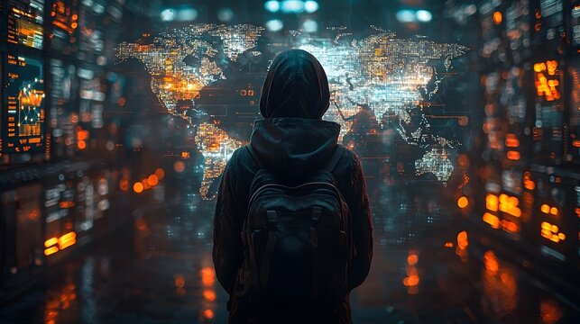 Mysterious hacker examining global communication and data networks