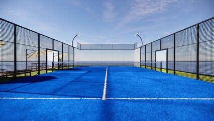 Back view Floating Padel Court  with bench and shade on ocean 3d rendering 