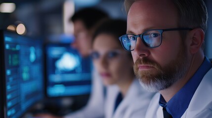 Mature caucasian engineer with young colleagues banner image. Professional web developers team photo-realistic background blurred. IT department concept photography copy space