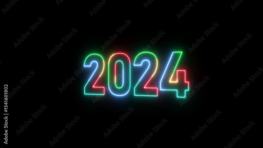 Aufkleber 2024 neon line text. abstract 2024 neon text animation ,four color neon glowing neon number 3d text 