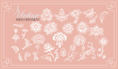 Asian, Chinese style. Set of graceful linear elements (botanical, fantasy) stylized as vintage porcelain Chinese painting. Vector digital illustrations on color background with text.