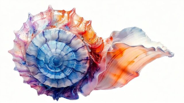 Colorful seashell with intricate patterns and textures, set against a white background