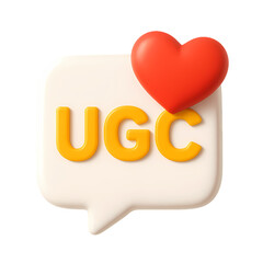 3D UGC (User Generated Content) speech bubble with red heart. Friendly cartoon icon for digital content, reviews, and social engagement