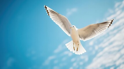 Obraz premium Seagull soaring high with wings fully extended against light blue sky background