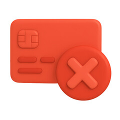 3D icon of red credit card with decline symbol. Ideal for payment failure, rejection, or blocked transactions. Isolated on white background