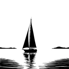 Silhouette of sunset horizon over calm sea with sailboat