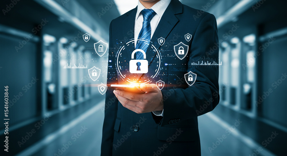 Poster a man in a suit holding a phone with a digital padlock and security icons surrounding the device on 