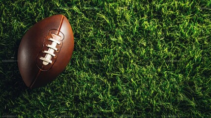 Obraz premium American Football on Green Turf Background for Sports and Leisure Use