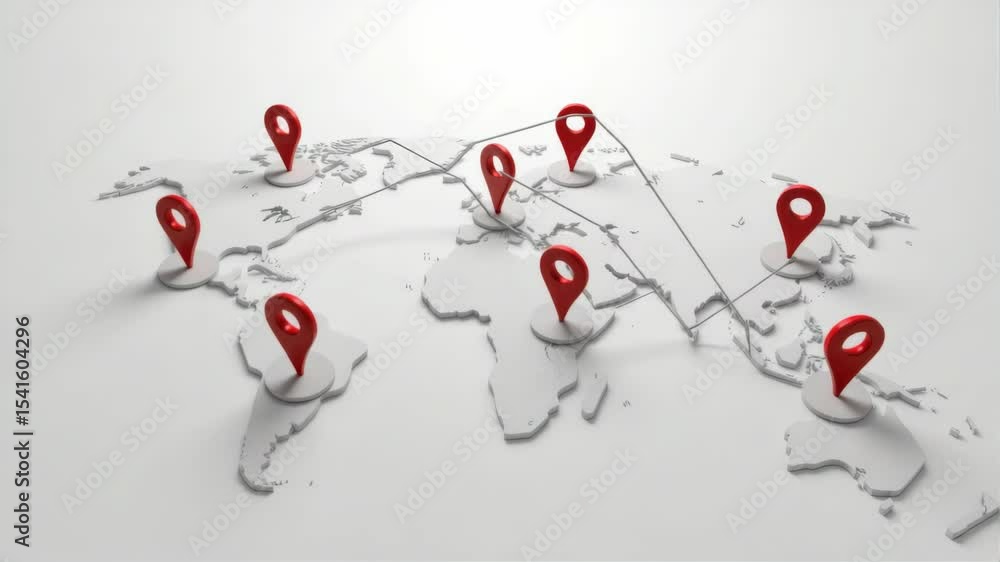 Poster a 3d world map with red location pins connected by lines, symbolizing global connections and network