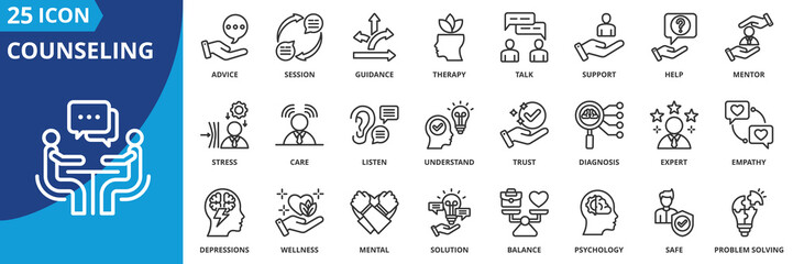 counseling icon set collection in outline style. an icon pack contain support, guidance, therapy, help, talk, session, mentor 