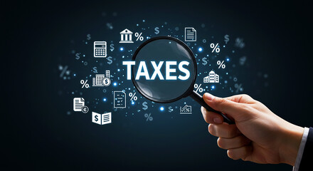 Fototapeta premium ax audit concept. Hand with magnifying glass over 'TAXES' text on blue digital background with financial icons.