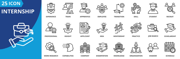 internship icon set collection in outline style. an icon pack contain experience, train, apprentice, employee, transition, skill, student