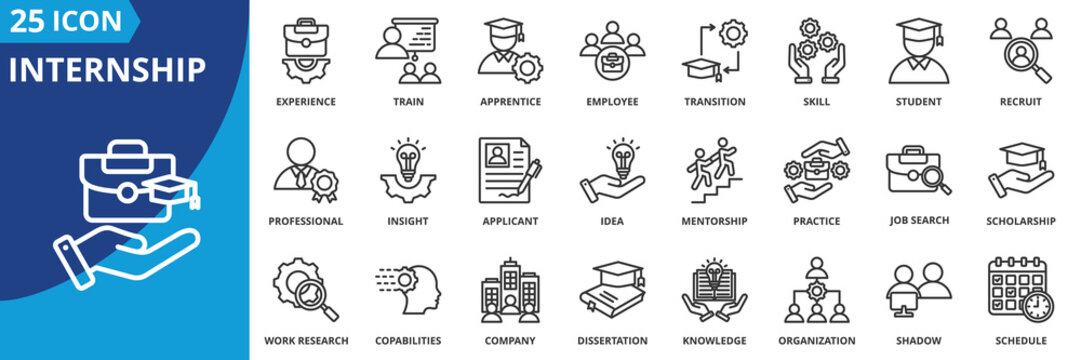 internship icon set collection in outline style. an icon pack contain experience, train, apprentice, employee, transition, skill, student