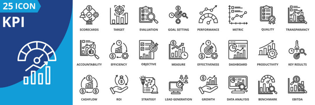 kpi icon set collection in outline style. an icon pack contain scorecards, target, evaluation, goal setting, performance, metric, quality