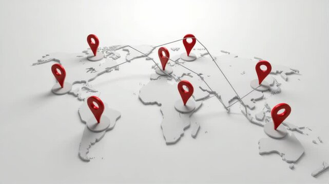 A 3D world map with red location pins connected by lines, symbolizing global connections and network.
