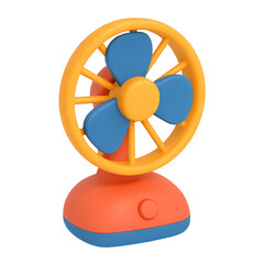 3D render of a small cartoon desk fan in orange and blue. Cute summer cooling device icon in modern style. Isolated on white