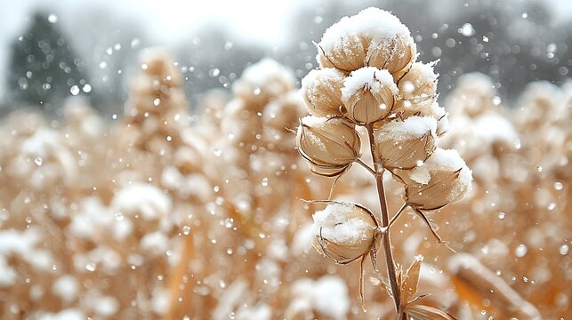Snowdusted seed pods in winter field