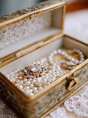 Vintage jewelry box filled with pearls and ornate accessories on a lace background