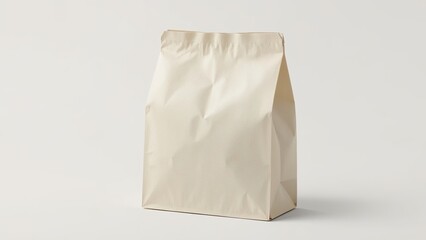 Fototapeta premium A plain, beige paper bag sits against a neutral background, exuding a minimalist and eco-friendly vibe.