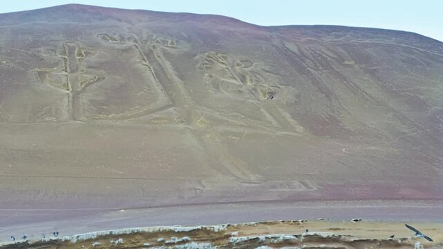 Candelabra of Paracas on sandy slope, side angle static medium under clear afternoon light