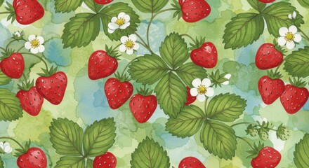 Strawberry Serenade Berries blossoms  botanical bliss in a watercolor dreamscape