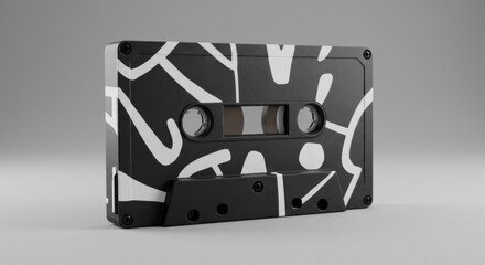 Striking monochrome cassette tape with abstract white design on gray backdrop
