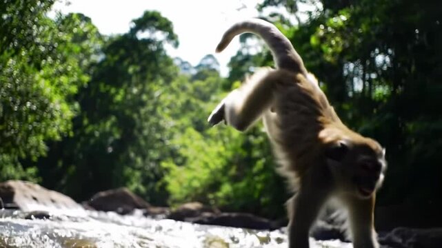 Agile monkey leaps over a stream in a lush forest
