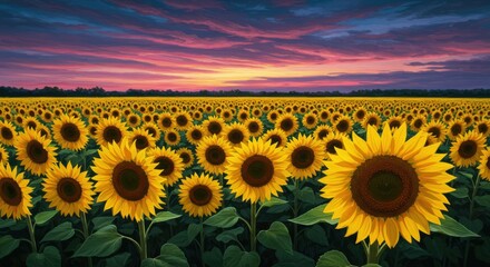 Sunflower sea under twilights brushstrokea vivid dreamscape