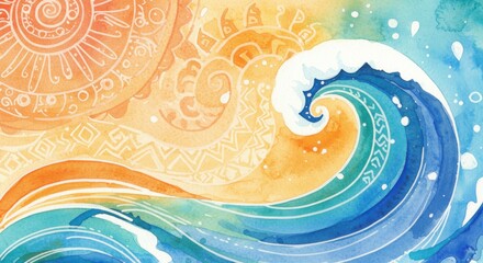 Sunkissed waves watercolor dance adorned with tribal whispers