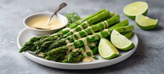 The delightful platter of asparagus drizzled with creamy sauce and lime wedges.