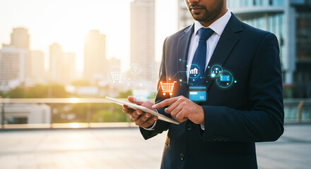 Businessman uses a tablet with a virtual shopping cart and credit card icon over a city backdrop at sunset. Concept of e-commerce, mobile payment, and digital banking.