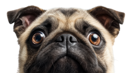 Fawn pug wrinkled muzzle with big brown eyes peeking out image isolated transparent. Curious toy dog snout cut out photo png. Adorable pet domestic animal cutout photography