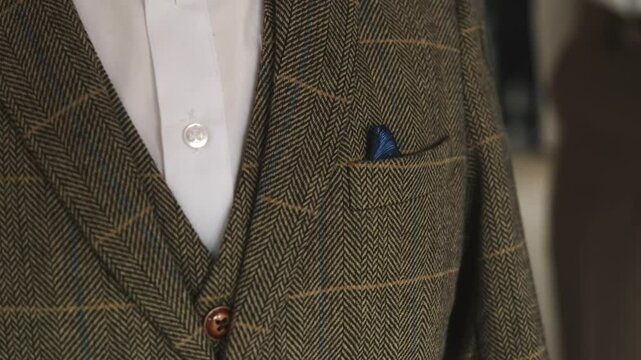 Close up of green checkered three piece tweed wedding suit for men presented on mannequin at wedding fair market event.