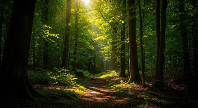 sun rays in the forest with green trees