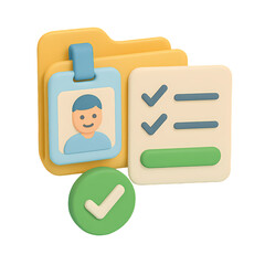 3D flat icon of user profile ID, checklist, and green tick mark. Ideal for HR systems, sign-up processes, or UI/UX dashboard elements