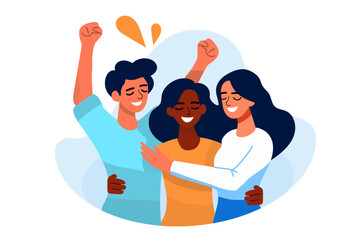 Winners business team. Vector flat style cartoon illustration of three happy middle aged people hugging. Isolated on white.