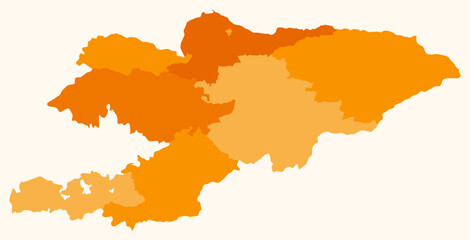 Map of Kyrgyzstan with regions. Just a simple country border map with region division. Orange color palette. Plain Kyrgyzstan shape with administrative division. Vector illustration.