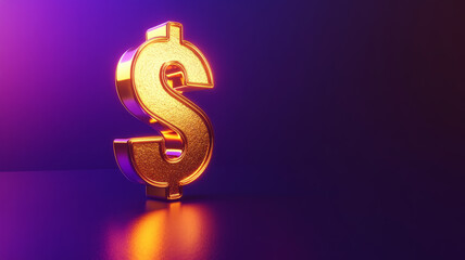 Illuminated gold dollar sign on a purple backdrop.