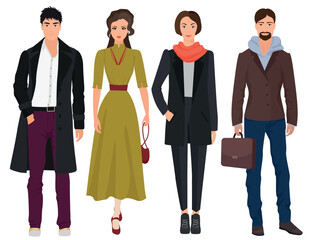 Handsome young guys with beautiful girls models in autumn spring casual modern fashion clothes isolated