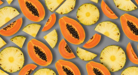 Tropical fruit symphony pineapple wedges and papaya halves on gray