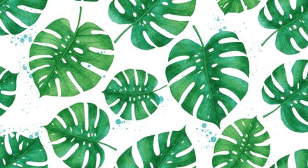 Tropical Monstera Leaf Pattern Vivid greens dance on white with blue splashes