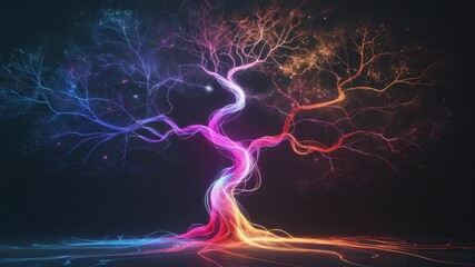Animation starting glowing neon tree pulsing rainbow hues in dark space, sparkles drifting - Powered by Adobe