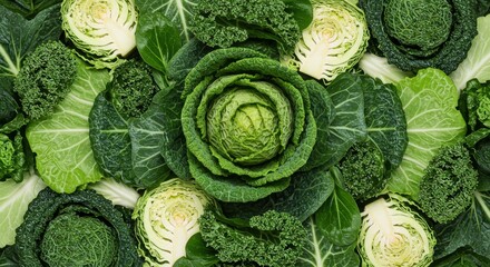 Verdant bounty Cabbages kale and leaves in a lush textural display