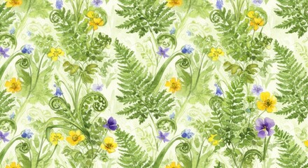 Verdant Fern Meadow Watercolor wildflowers  fiddleheads in a lush dreamy scene