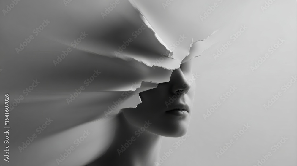 Aufkleber head splitting open with visual overload in soft light gray background expressing surreal emotion an