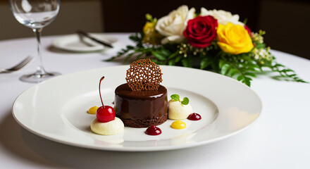 Gourmet chocolate dessert with cherry, white chocolate mousse, and fruit puree. Fine dining, romantic restaurant experience, or pastry excellence.
