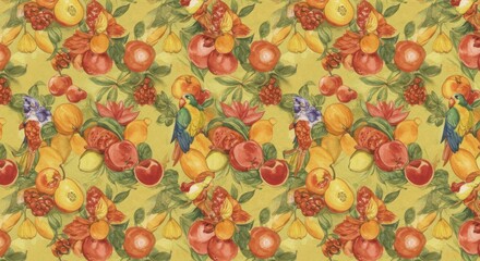 Vibrant fruit  parrots pattern A lively mix of natures bounty and avian charm