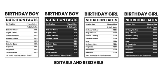 Birthday nutrition facts, Birthday boy and girl nutrition facts label template 