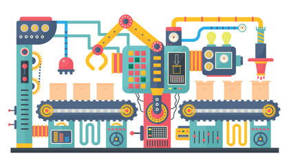 Flat color industrial manufacture conveyor machine vector illustration. Business product process production process concept